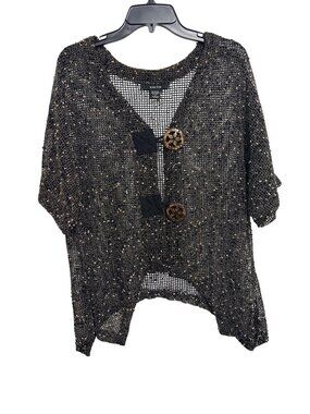 Kactus Black Open Knit Cardigan With Oversized Buttons Asymmetrical Hem And Roll